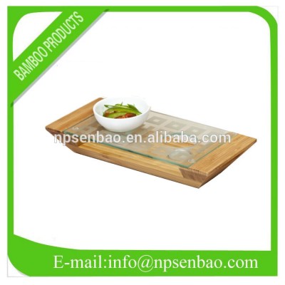 square bamboo food tray with glasses